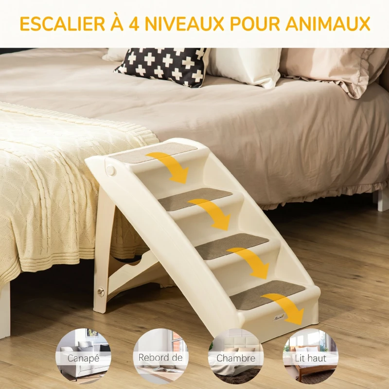 PawHut Escalier pour Chien Pliant à 4 Marches Antidérapantes, Escalier pour Animaux en Plastique, 62 x 38 x 49,5 cm, Beige