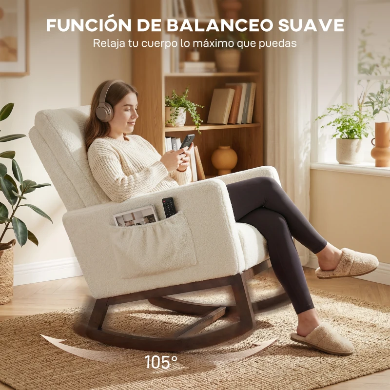 HOMCOM Silla Mecedora con Cojín Lumbar Tapizada en Franela de Nieve Respaldo Alto Base de Madera Bolsillos Laterales Crema