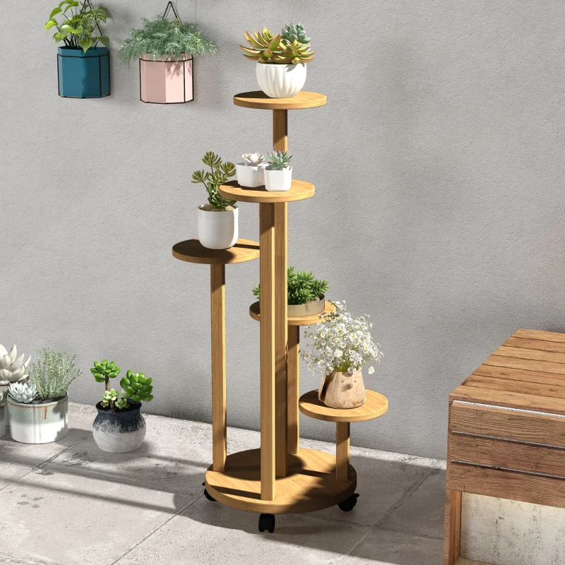 Outsunny Suporte para Plantas em Bambu com Rodas de 5 Níveis Estante Redonda para Plantas para Cantos 33x33x90 cm Madeira