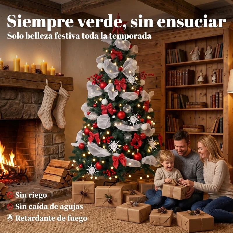HOMCOM Árbol de Navidad Predecorado 180 cm con 200 LED 8 Modos 800 Ramas Mando y Base Plegable Funciona con USB Verde y Rojo