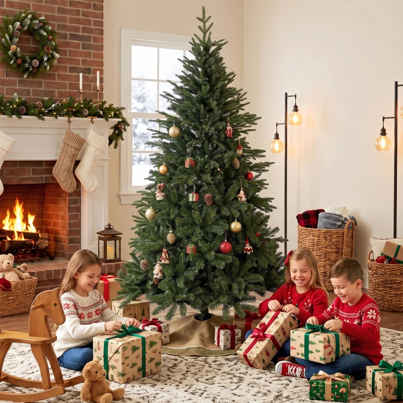 HOMCOM 180 cm Artificial Christmas Tree Full Hinged Xmas Tree Solid Pine Wood Stand, Green