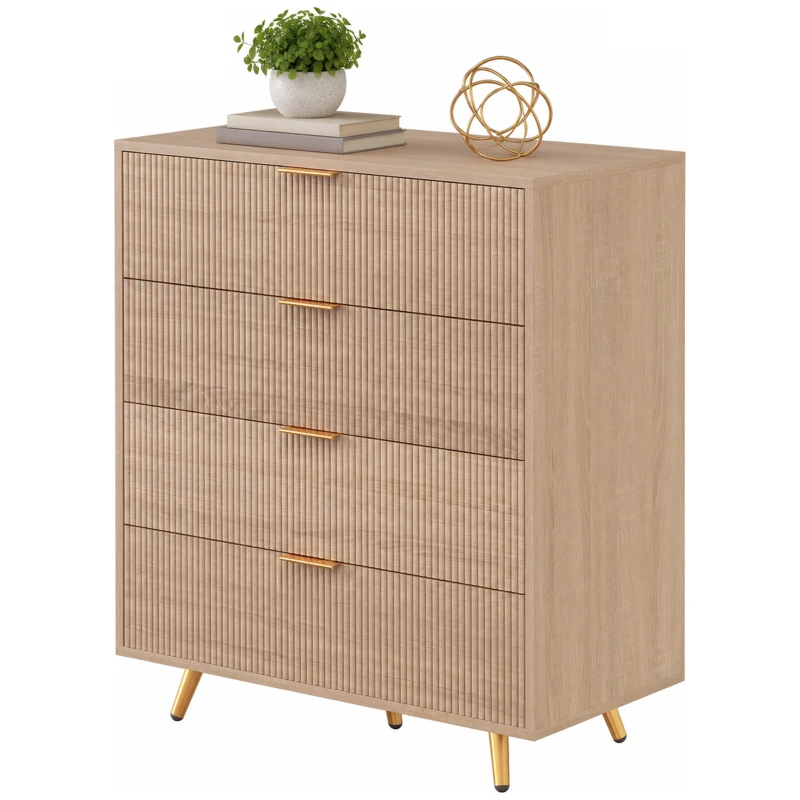 HOMCOM Bedroom Chest of Drawers with 4 Drawers, Fluted Dresser with Gold Tone Handles, Storage Cabinet, Natural