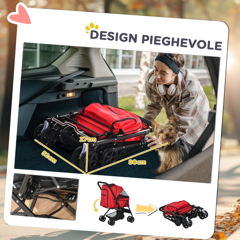 PawHut Passeggino per Cani Piccoli Pieghevole con Maniglione Girevole e Ruote con Freni, 76.5x52x95cm, Rosso