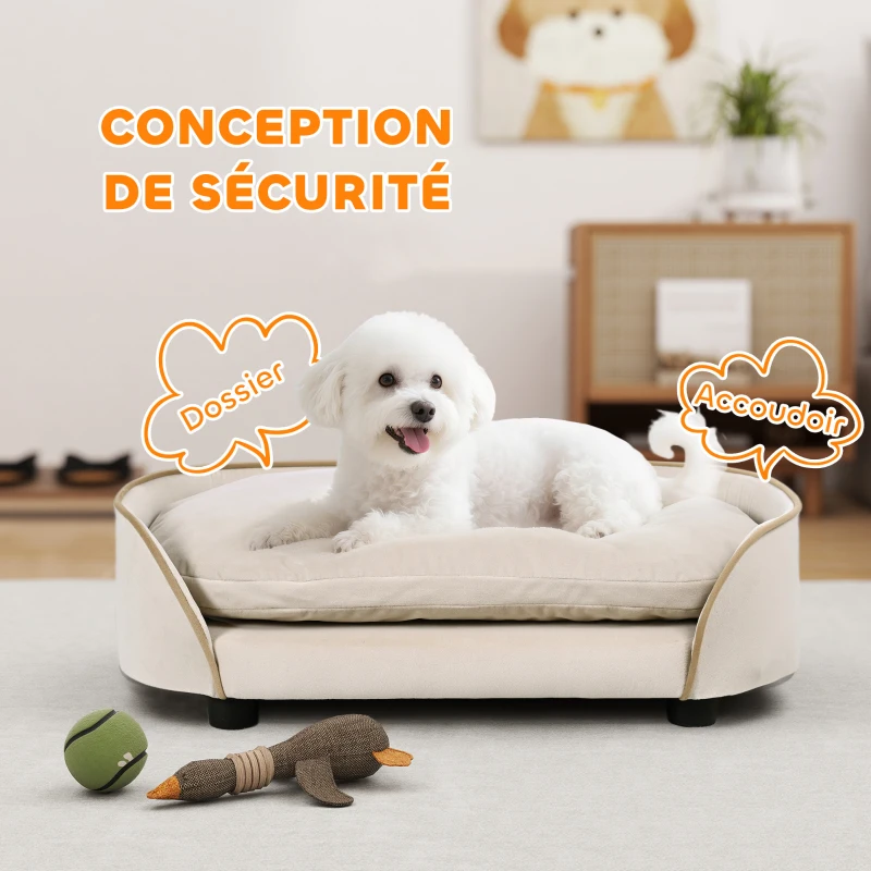 PawHut Canapé pour chien canapé pour animal de compagnie avec coussin amovible et housse lavable 66 x 43 x 19,5 cm beige
