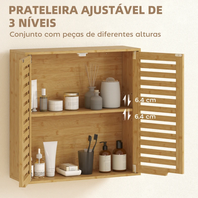 HOMCOM Armário de Parede de Bambu Móvel de Casa de Banho Suspenso com Prateleira Ajustável Portas de Ripas 60x20x60 cm Madeira