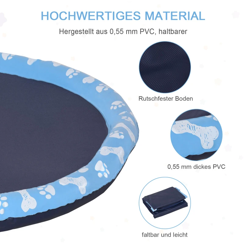 PawHut hondenbad, peuterbad, met watersproeier, rond, antislip, blauw, Ø150 cm