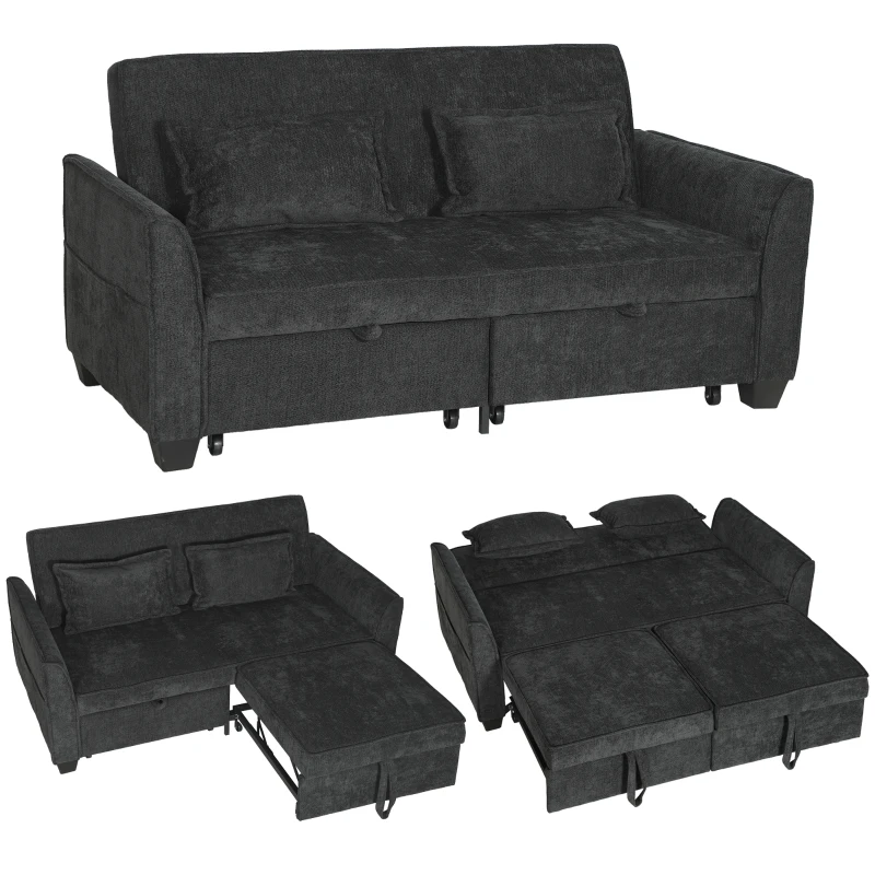 HOMCOM 2 Seater Sofa Bed, 4-in-1 L-Shaped Convertible Pull-Out Sleeper Sofa with Adjustable Backrest and Side Pockets, Black