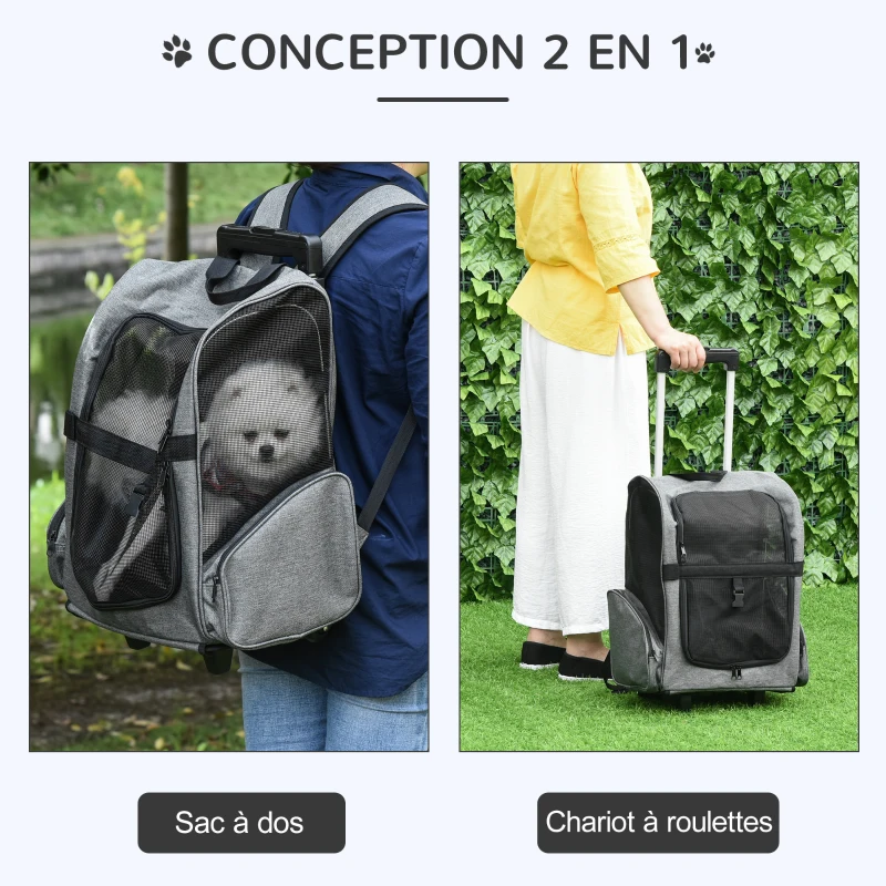 PawHut Sac de transport à roulettes pour chien 2 en 1 trolley chariot sac à dos pour chien chat avec poignée téléscopique, sacs de rangement, aérations, attache de sécurité, 42 x 25 x 55 cm, gris