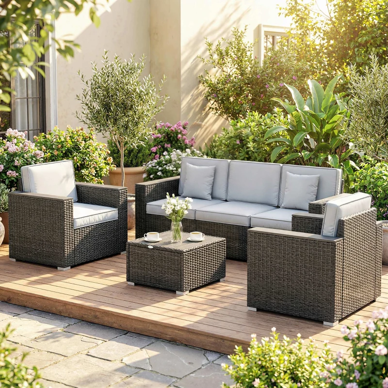 Outsunny 5 Seater Rattan Garden Furniture Set with Wide Armrests, Cushions, Pillows for Patio, Dark Grey