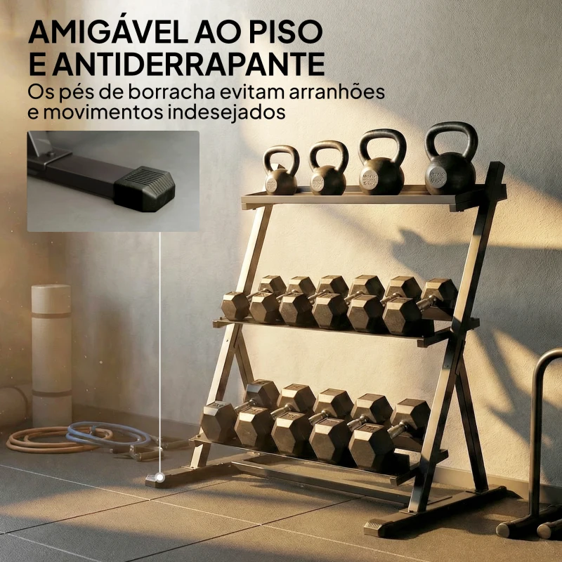 SPORTNOW Suporte para Halteres de 3 Níveis Estante de Pesos de Aço com Barras Ajustáveis para Ginásio Casa Capacidade 200 kg