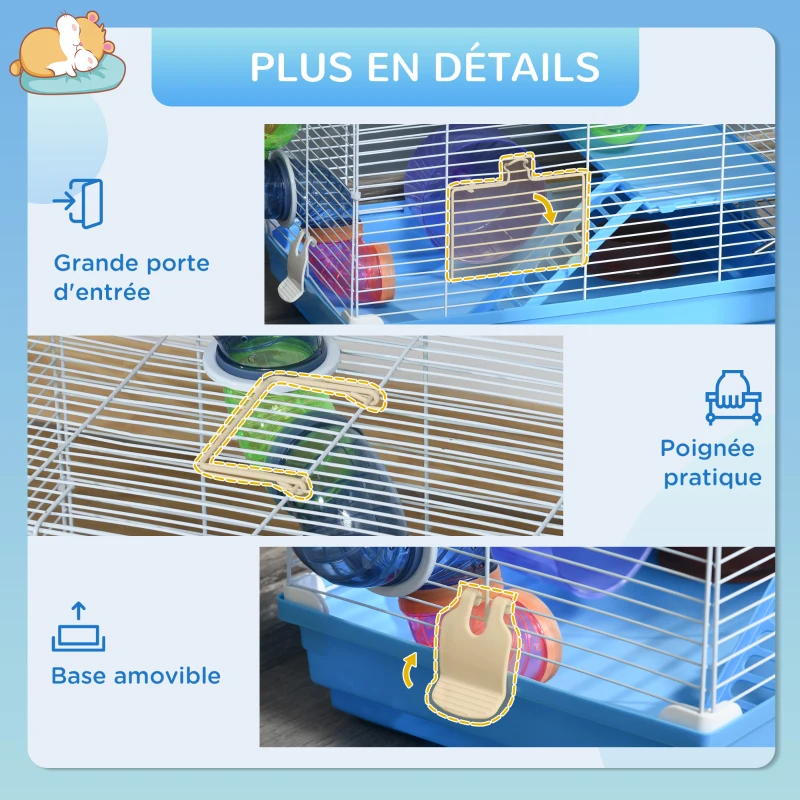 PawHut Cage à hamster rongeur 2 niveaux avec tunnel, biberon eau, roue, maisonnette, échelles dim. 46L x 30l x 37H cm, bleu
