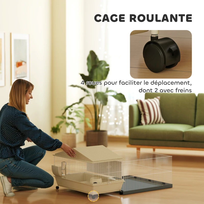 PawHut Cage cochon d'inde cage pour petits animaux avec parc amovible tapis imperméable mangeoire à foin 108 x 71 x 57 cm beige