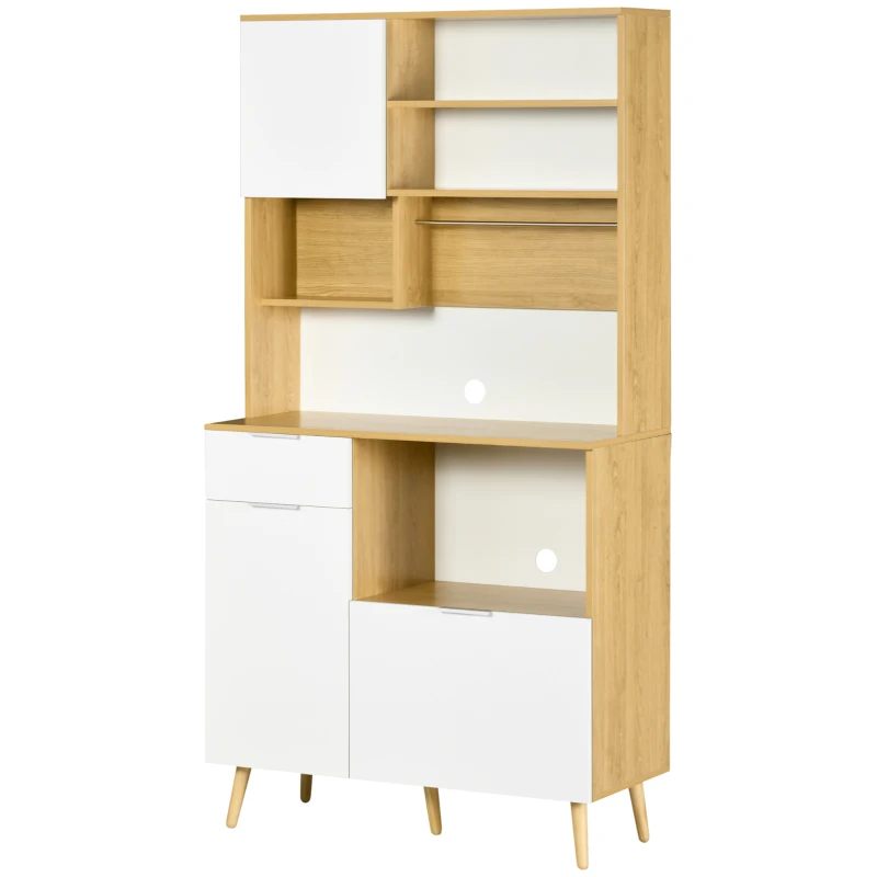 HOMCOM Armário de Cozinha com 3 Portas Gaveta Prateleira Ajustável Bancada para Micro-Ondas e Suporte para Panos 93x40x180 cm Madeira e Branco
