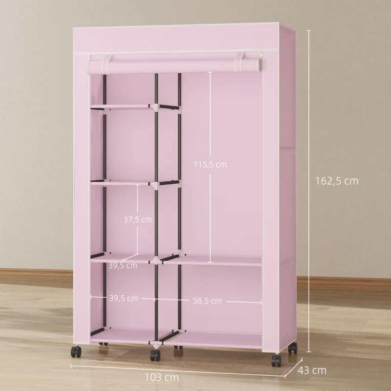 HOMCOM Roupeiro de Tecido Dobrável com 6 Prateleiras 1 Barra de Pendurar e Rodas para Dormitório Vestidor 103x43x162,5 cm Rosa