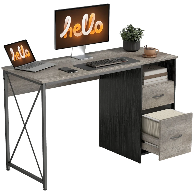 HOMCOM Mesa de Ordenador 120x50 cm Escritorio de Ordenador Industrial con Compartimento y 2 Cajones para Oficina Gris Claro