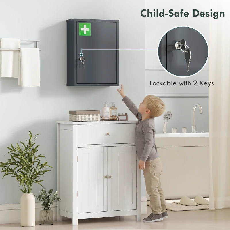 kleankin Locking Medicine Cabinet, First Aid Cabinet with Storage Shelves, with Lock and 2 Keys 53.5 x 40 x 15 cm, Smoke Grey