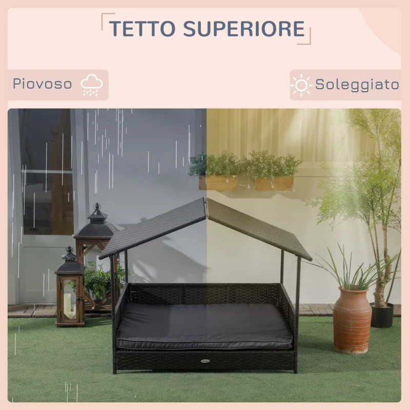 PawHut Casetta per Cani Rialzata con Cuscino Sfoderabile, in Rattan PE e Acciaio, 117x85x89 cm, Grigio e Marrone