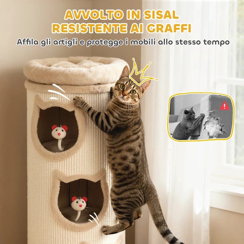 PawHut Torre Tiragraffi per Gatti Alta 96 cm con 3 Casette e Lettino Superiore Rimovibile e Lavabile, Crema