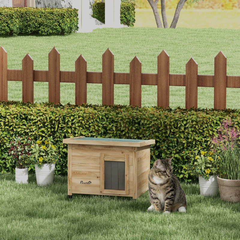 PawHut Kattenhuis Kattenhut Kattenhol, weerbestendig, Kat 6 kg, 57 cm x 45 cm x 43 cm, Natuur(m-2)