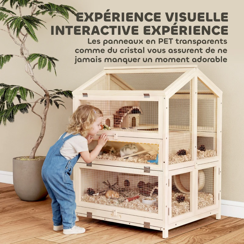 PawHut Cage Hamster 3 Étages en Bois avec Bac Amovible, Couvercle Ouvrant, Bascule, Cabane, Fenêtre, 68x61,5x90cm, Naturel