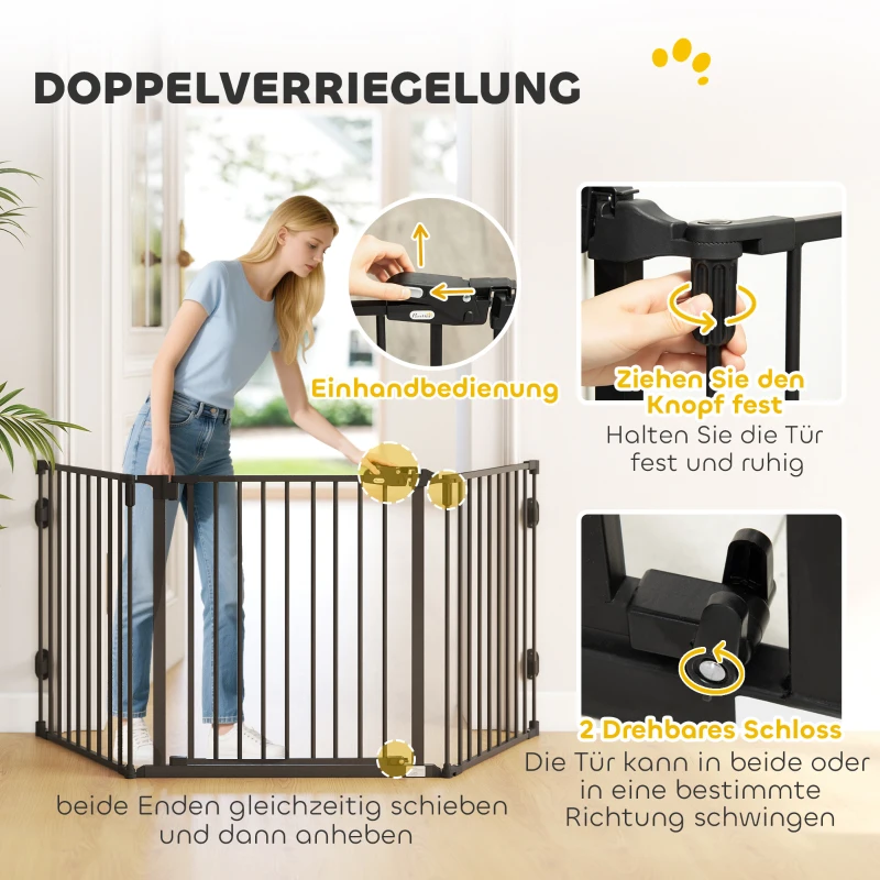 PawHut Absperrgitter Hund Freistehendes Verstellbares Schutzgitter 202,5 x 76 cm Hundegitter Klappbar Türschutzgitter Hundeabsperrgitter für Treppen, Türen, Küche, Flur, 3 Paneelen, Schwarz