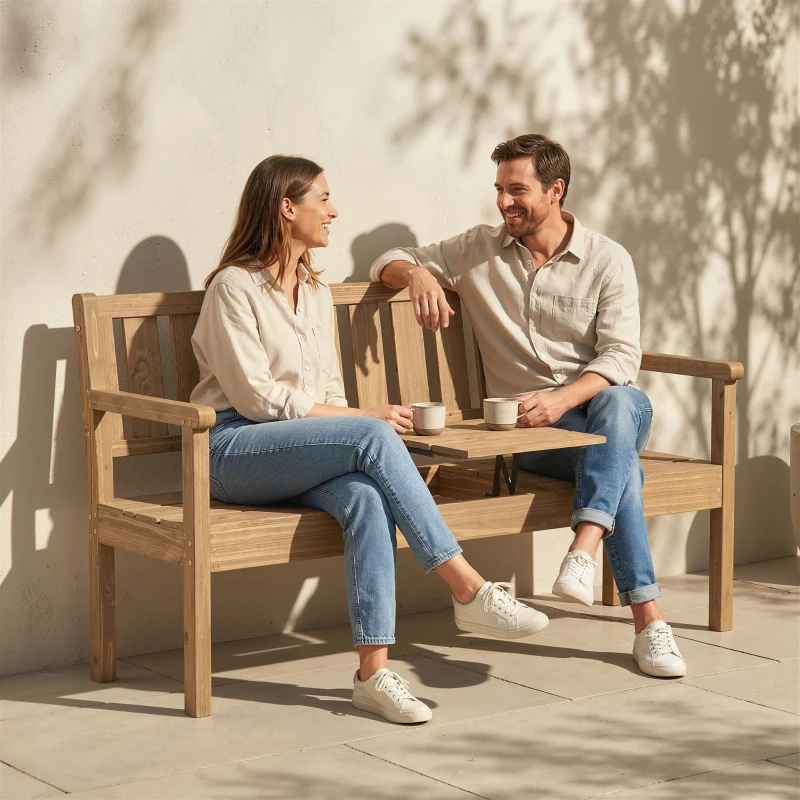 Outsunny Wooden Garden Bench with Liftable Table & Shelf, 2-3-Seater Outdoor Loveseat with Fir Wood Frame, Teak