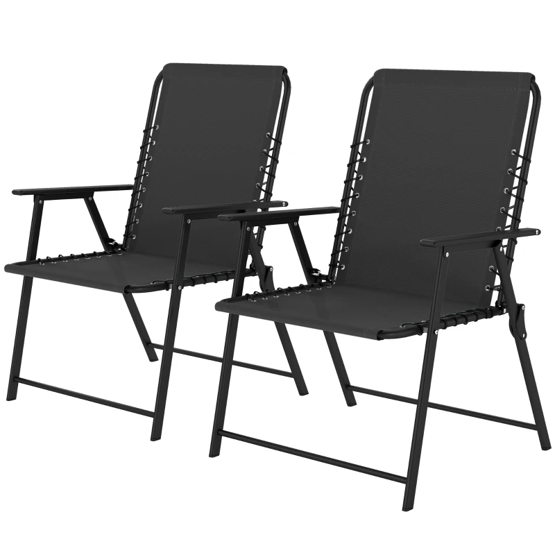 Outsunny Folding Garden Chairs Set of 2, Outdoor Dining Chairs with Wide Texteline Seat, High Back and Armrests, Black