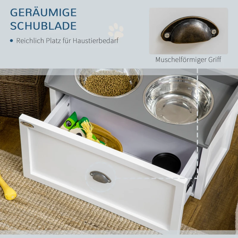 PawHut voerstation, 2 voerbakken van elk 2 liter, roestvrij staal, met lade, wit+grijs, 60 x 30 x 36 cm(m-5)
