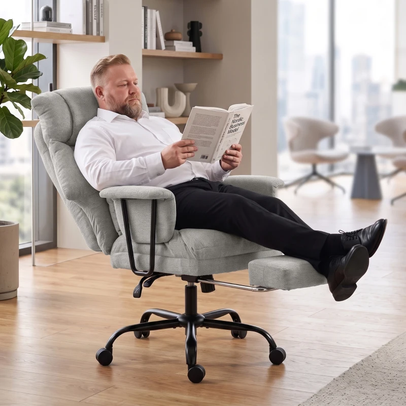 HOMCOM Office Chair, 180kg Heavy Duty Linen Computer Desk Chair with Lumbar Support, Wide Seat, Spring Cushion, Grey
