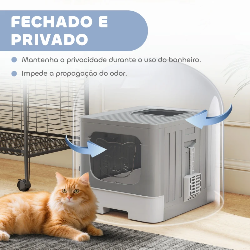 PawHut Caixa de Areia para Gatos Dobrável M Caixa de Areia com Tampa de Grelha Gaveta Removível Pá Gancho Lateral Fácil de Limpar Antifugas Cinzento