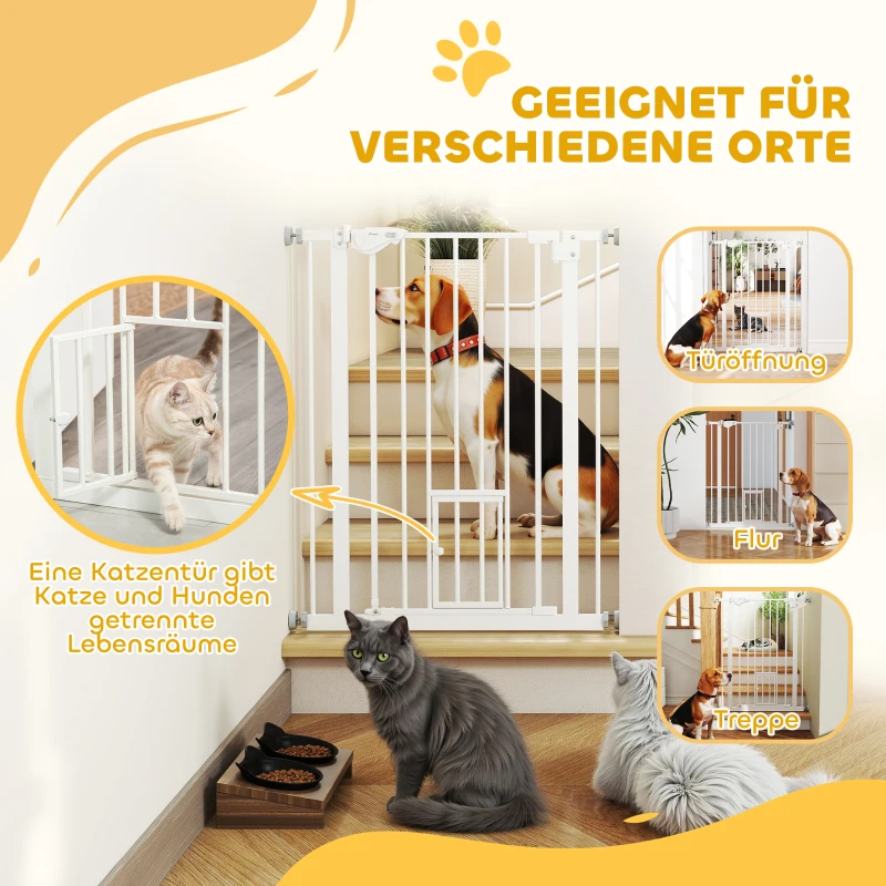PawHut Deurhekje met Kattenluikje, Montage Zonder Boren, Variabele Breedte 74-80 cm, Met Één Hand Te Openen, Metaal, Wit