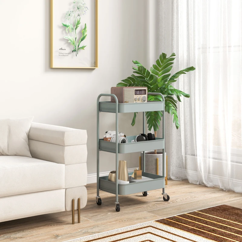 HOMCOM Multifunctionele Keukenkar, 3 Planken, 4 Wielen, 45 cm x 30,6 cm x 79 cm, Lichtblauw