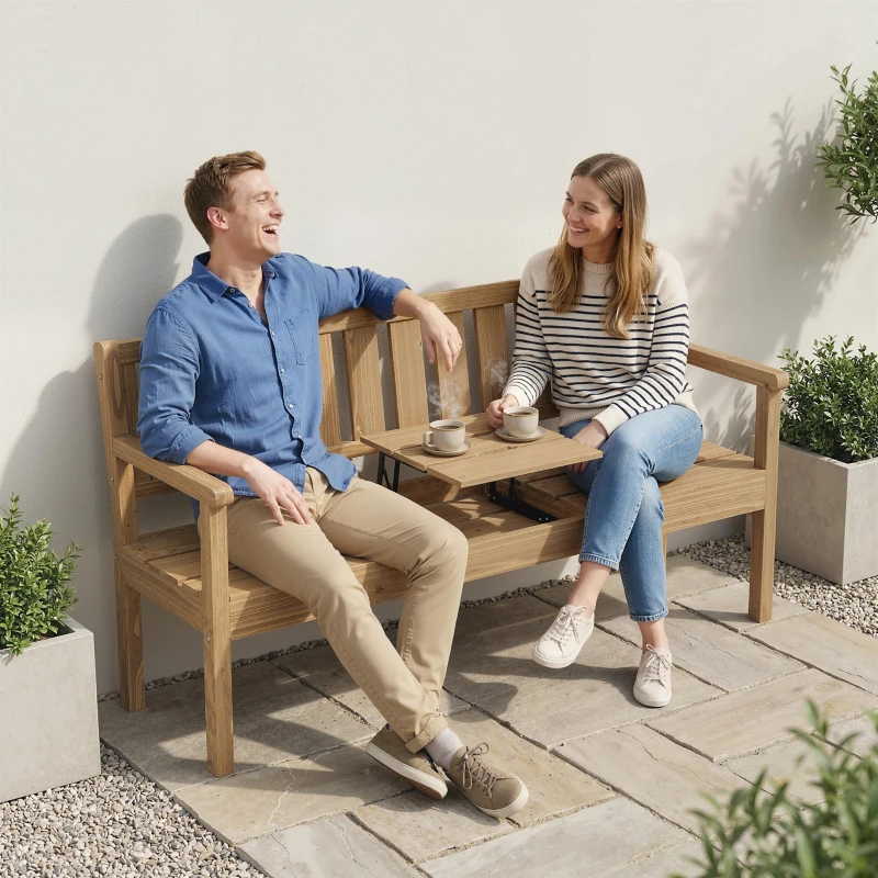 Outsunny Wooden Garden Bench with Liftable Table & Shelf, 2-3-Seater Outdoor Loveseat with Fir Wood Frame, Teak