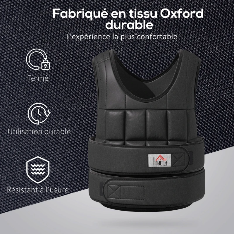 HOMCOM Gilet Lesté Réglable Veste Lestée 20 Kg Max. Poids Amovibles Entrainement Musculation Exercice Boxe Oxford Noir