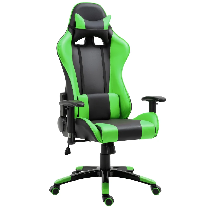 HOMCOM Silla de Oficina Silla Ergonómico Reclinable y Basculante Altura Ajustable Giratorio con Ruedas Reposacabezas y Soporte Lumbar Carga 120 kg 67x67x123-132 cm Verde