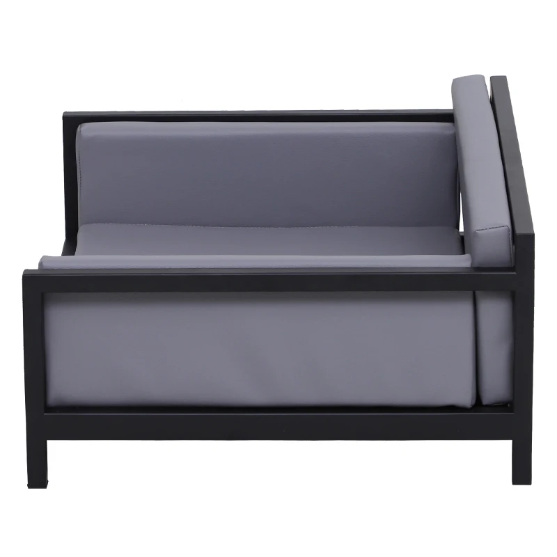 PawHut Deluxe PU Pet Sofa Couch Soft Dog Puppy Cat Sleep Bed Metal Frame Grey 64L x 52W x 27.5H cm
