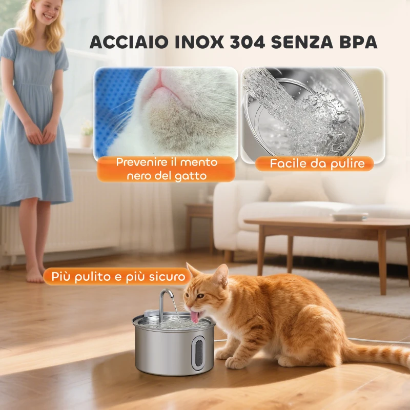 PawHut Fontanella per Gatto 2.5L con Luce LED e 2 Modalità di Flusso, in Acciaio Inox, 19.4x19.4x18.7 cm, Argento