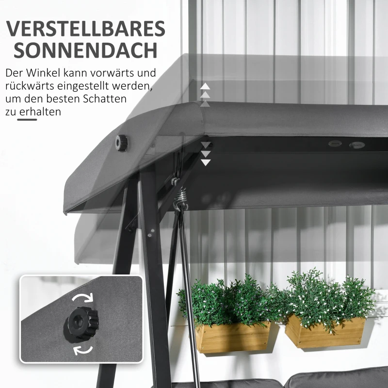 Outsunny Hollywoodschommel, 2-zits Tuinschommel met Verstelbaar Dak, tot 220kg Belastbaar, 145 x 116 x 172 cm, Donkergrijs