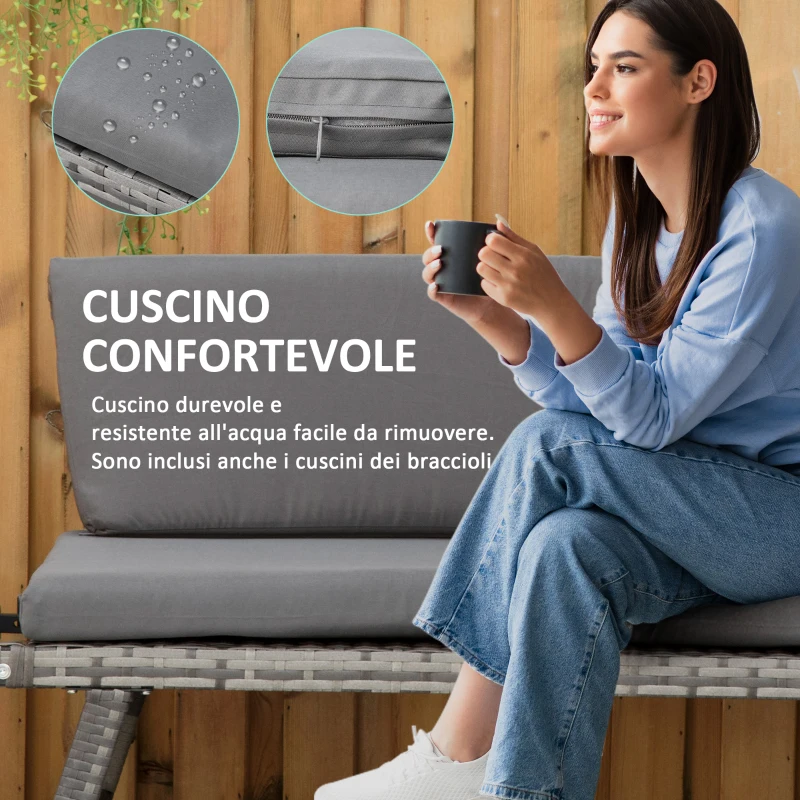Outsunny Divano da Giardino 2 Posti in Rattan con Imbottitura e Braccioli Ribaltabili, 129x63x67cm, Grigio