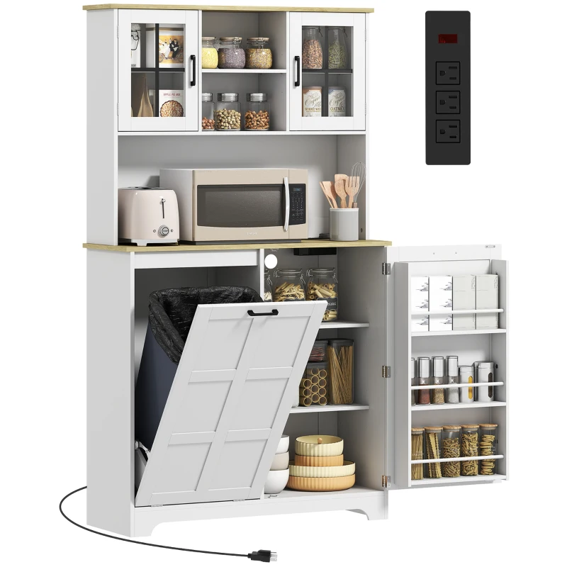 HOMCOM 175cm Tall Kitchen Cabinet, Kitchen Cupboard with Rubbish Bin Cabinet, 3 Door Shelves and 2 Acrylic Doors, White
