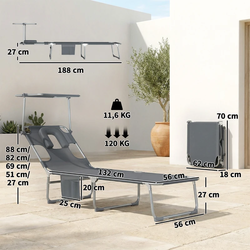 Outsunny Conjunto de 2 Espreguiçadeiras Dobráveis com Dossel 360° Encosto 5 Posições Orifício Facial 188x56x27 cm Cinza Escuro