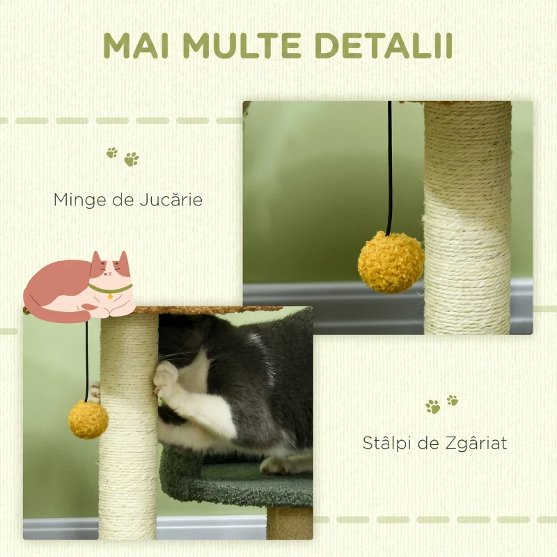 PawHut Copac de Zgariat pentru Pisici cu 2 Platforme Patut, Minge atarnata si Acoperie cu Catifea, 43x39x52cm, Multicolor