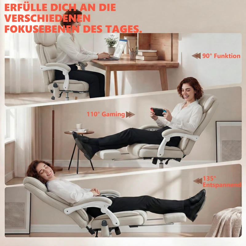 HOMCOM Hochlehner-Bürostuhl mit Vibrationsmassage und Heizung, ergonomisch, neigbar, mit Fußstütze, Cremeweiß