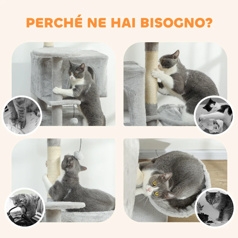 PawHut Albero Tiragraffi per Gatti Alto 140 cm con 2 Casette, Amaca, Lettino e Pali in Sisal, Grigio