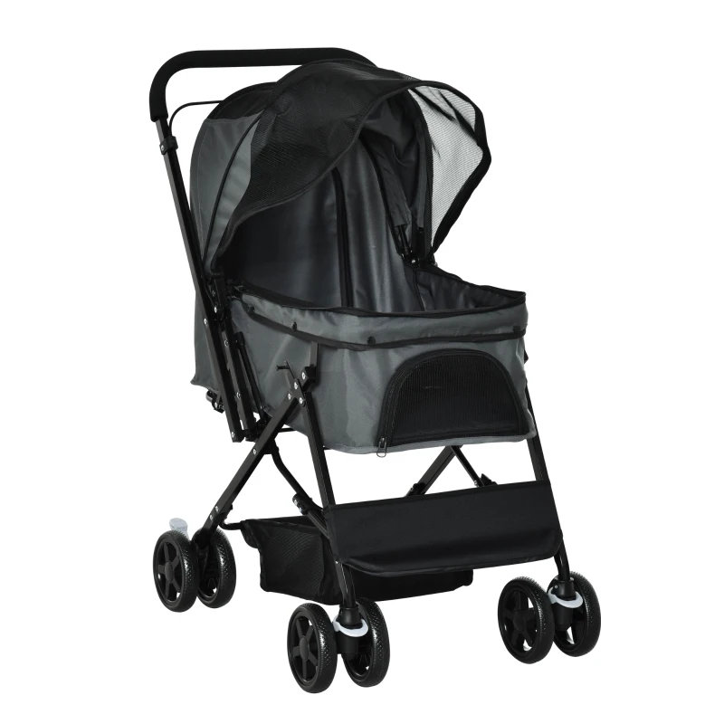 PawHut Carrinho para Animais de Estimação Dobrável Carro para Cães e Gatos com Capô Ajustável Cesta de Armazenamento Cinto de Segurança Tecido Oxford 600D Aço 76,5x52x95cm Cinza