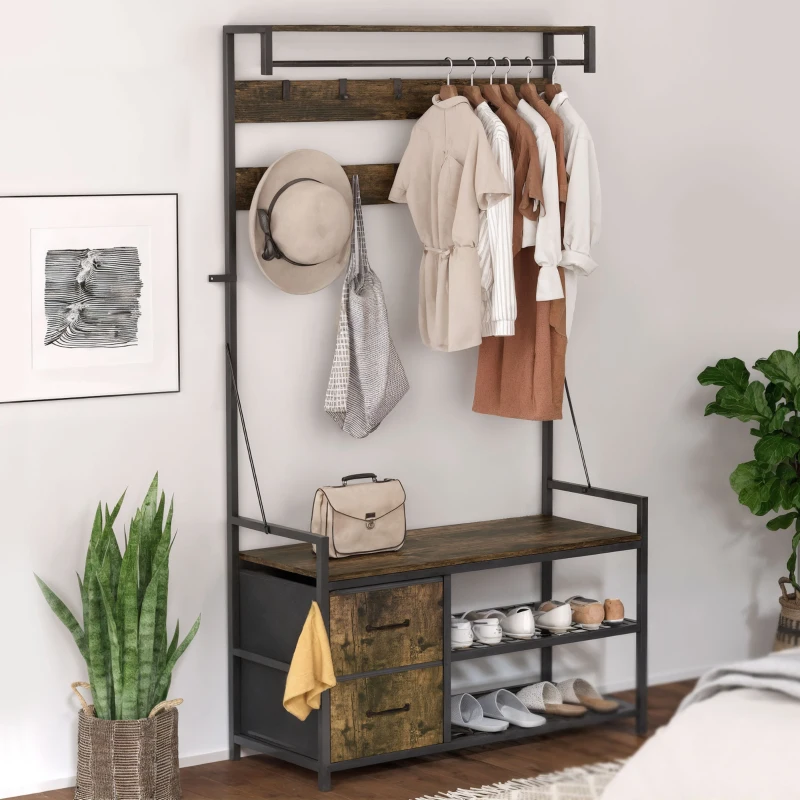 HOMCOM 6-in-1 Garderobenständer mit Schuhregal, Industrie-Stil, 10 Haken, 2 Stoffschubladen, Metall, Braun