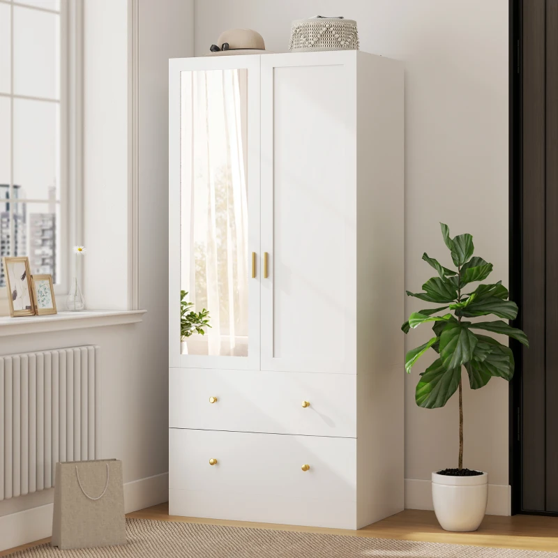 HOMCOM Roupeiro com  2 Portas e 2 Gavetas Armário Roupeiro com Espelho Barra para Pendurar Estilo Moderno 80x50x180 cm Branco