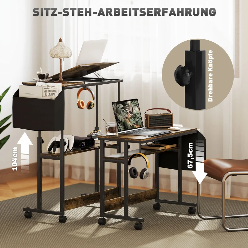 HOMCOM Höhenverstellbares Stehpult mit neigbarer Tischplatte, Rädern, Aufbewahrungsregal, zum Schreiben, Lesen, Zeichnen, Braun