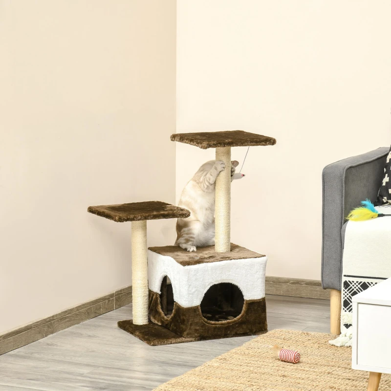PawHut Cat Tree Tower for Indoor Cats Kitten House Scratching Posts with Condo Perch Interactive Mouse Toy, 45 x 33 x 70 cm, Brown