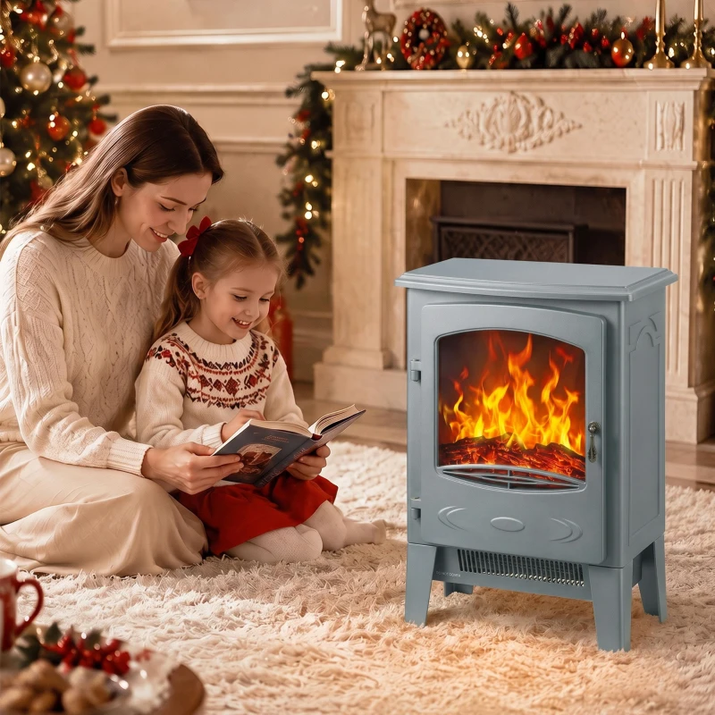 HOMCOM Electric Fireplace, Freestanding Electric Fire with Realistic Flame Effect, Log Burner, 1000W/ 2000W, Grey